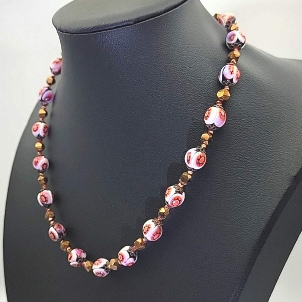 Murano Moretti Millefiori Venetian Glass Bead Necklace 15" EUC Antique Orange